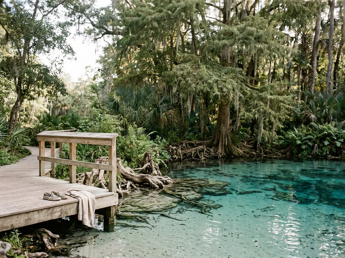 A wooden dock extends over a clear, blue pond in a lush, green forest with trees and plants surrounding the water. A pair of shoes and a towel are on the dock.