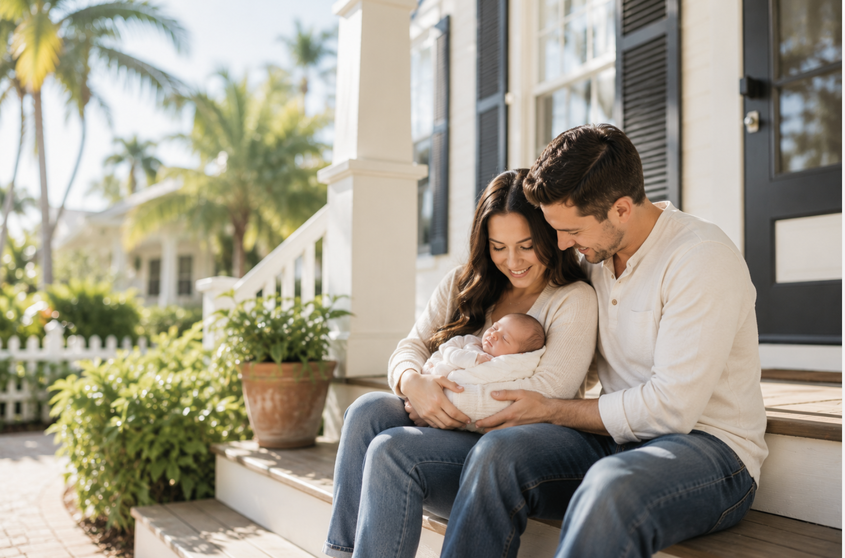 Young couple sitting on front porch steps holding their newborn baby, smiling and looking at the baby, in a sunny yard with potted plant and a white picket fence.