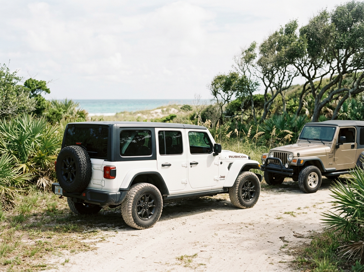 Two off-road vehicles, a white Jeep Wrangler and a tan Jeep, parked on a sandy beach path surrounded by green desert plants and trees, with the ocean in the background.