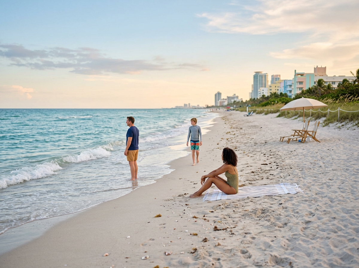 People at the beach with a city skyline in the background, a woman sitting on a towel, two men standing near the water, and a beach umbrella with chairs on the sand.