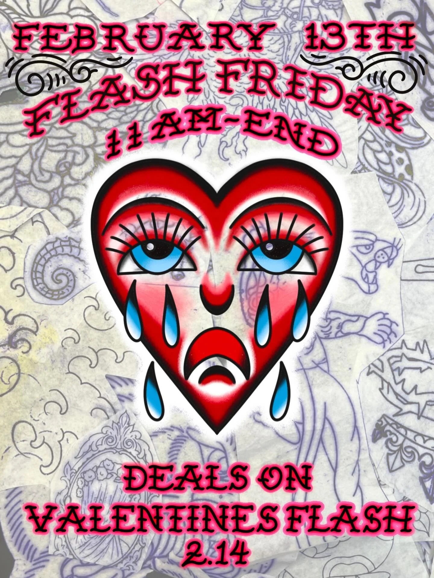 Poster design I did for @hearttattoo605 flash Friday - make sure to stop in and get flash off the walls or from our books! Valentine&rsquo;s Day flash deals on Saturday, February 14th💕
.
.
.
.
#hearttattoo605 #tattooflash #americantraditional #tatto