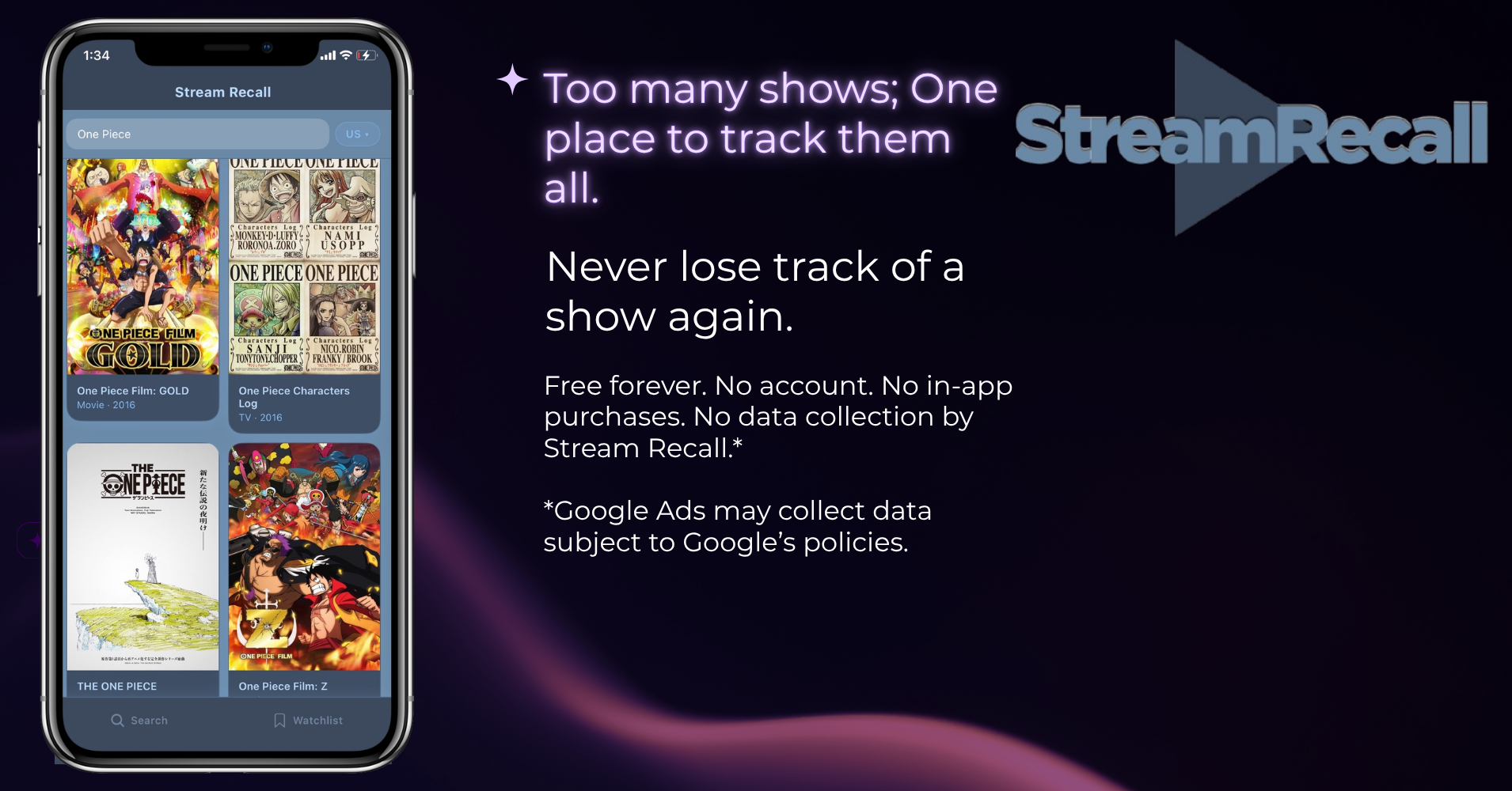 Smartphone screen displaying the Stream Recall app interface with a grid of four One Piece-themed posters, including titles like 'One Piece Film: GOLD' and 'One Piece: Z'. To the right, promotional text explains the app's features for tracking shows.