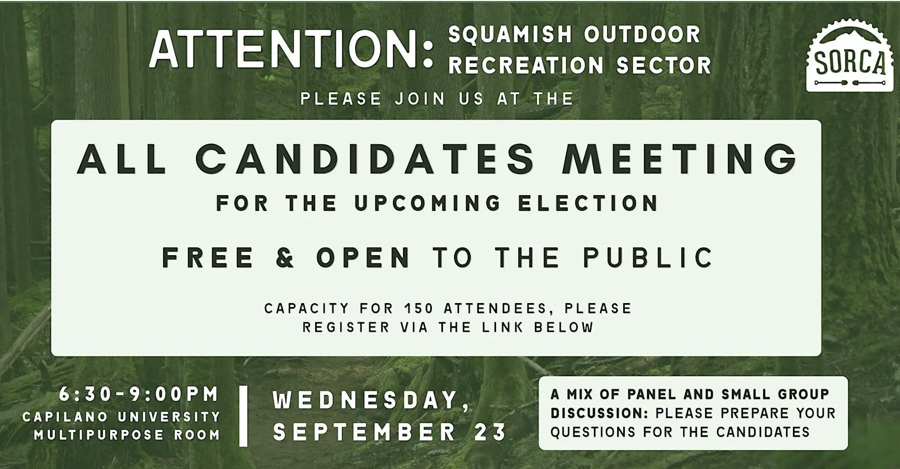 A banner describing the details of the All Candidates Meeting hosted by SORCA on Wednesday September 23