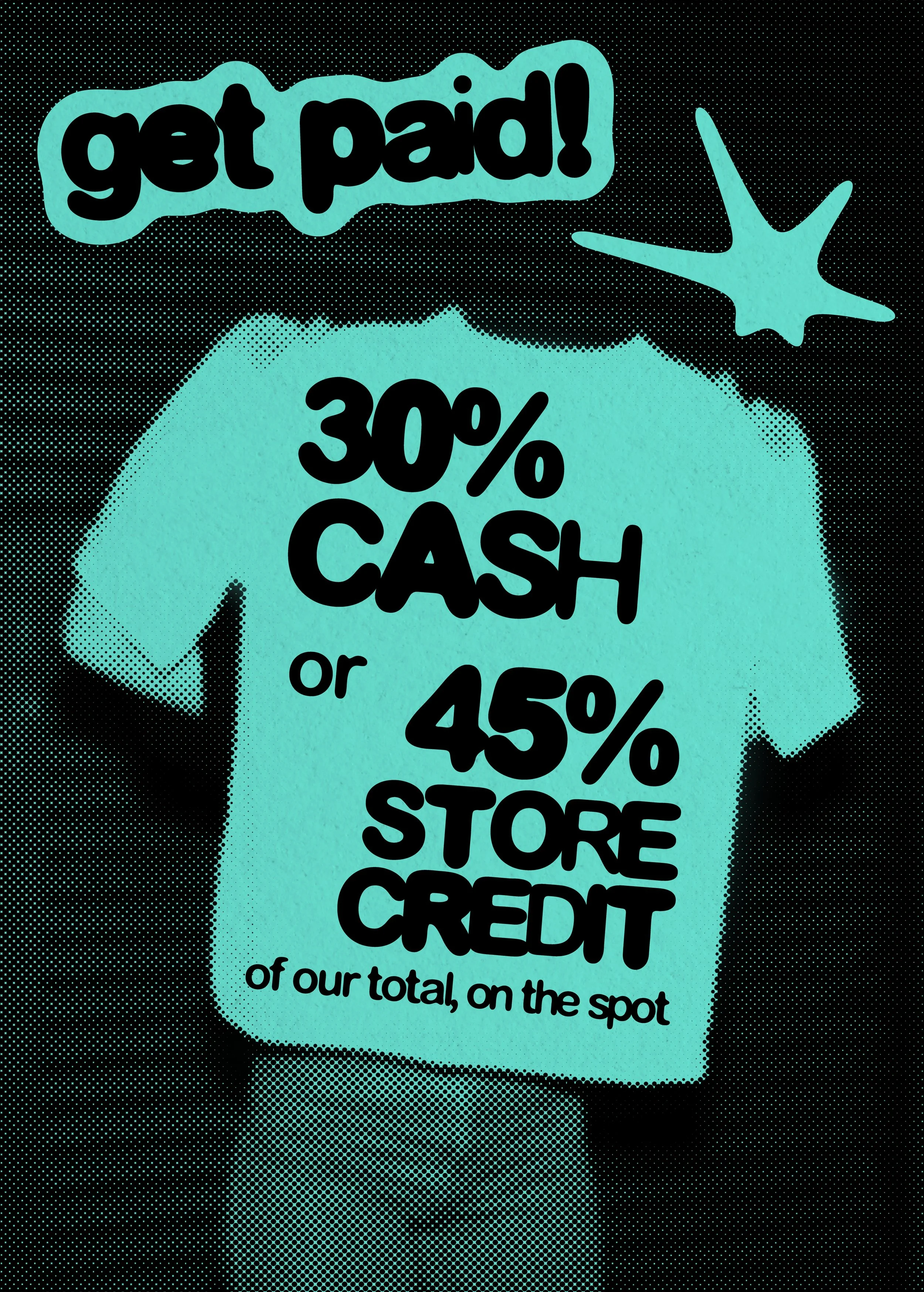 get paid! 30% cash or 45% store credit of our total, on the spot