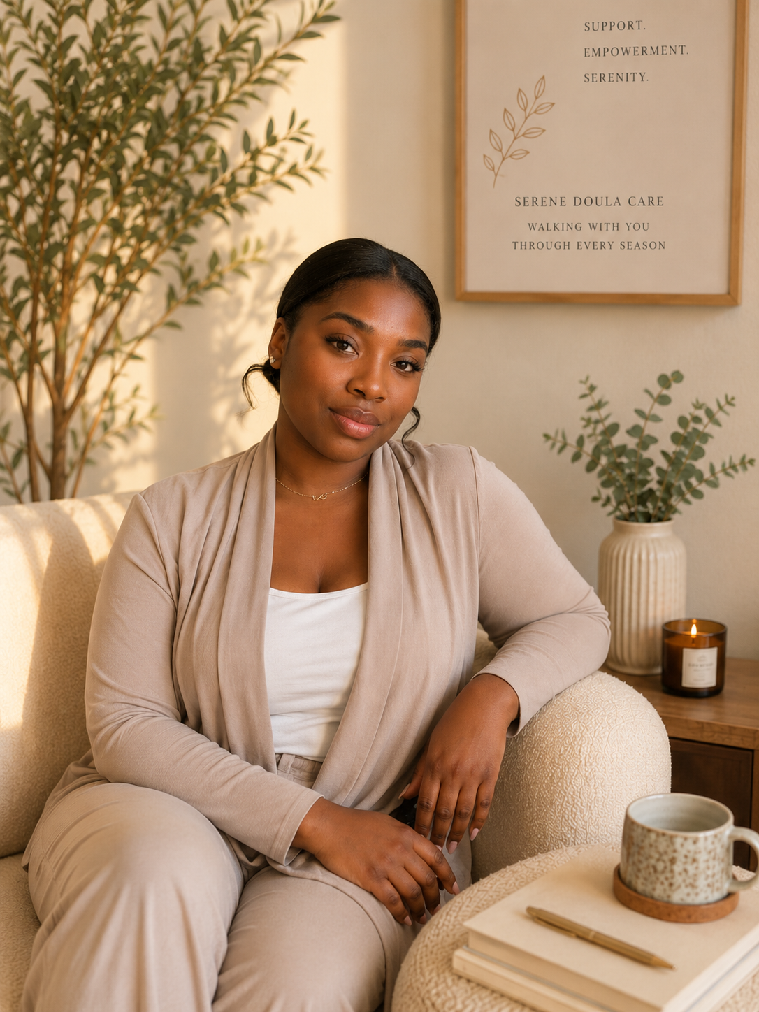 A woman sitting on a beige sofa in a cozy, well-decorated room. She has dark hair, is wearing a light beige blazer over a white top, and looks confidently at the camera. Behind her are potted plants and a framed quote about support, empowerment, and serenity. A mug, a notebook, and a pen are on a small table nearby.
