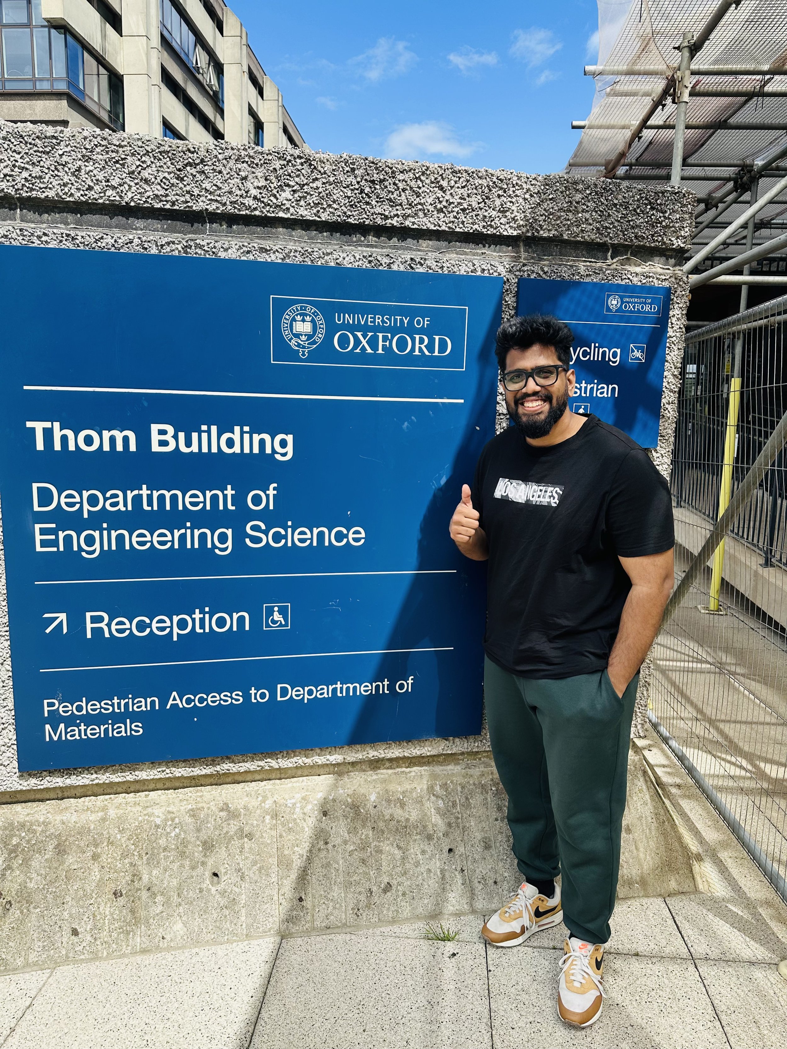 Affnafee in front of Thom Building, Department of Engineering Science where he attended lectures and labs at Oxford.
