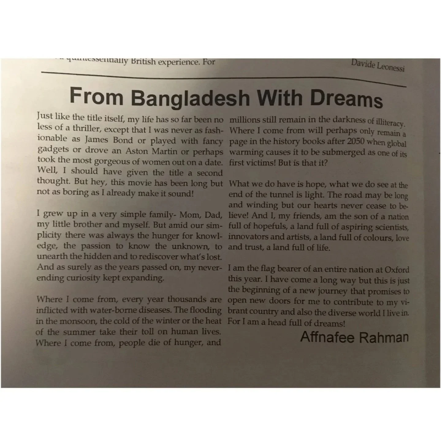 Affnafee Rahman’s first published article for the St Hugh’s College newspaper, The Swan.
