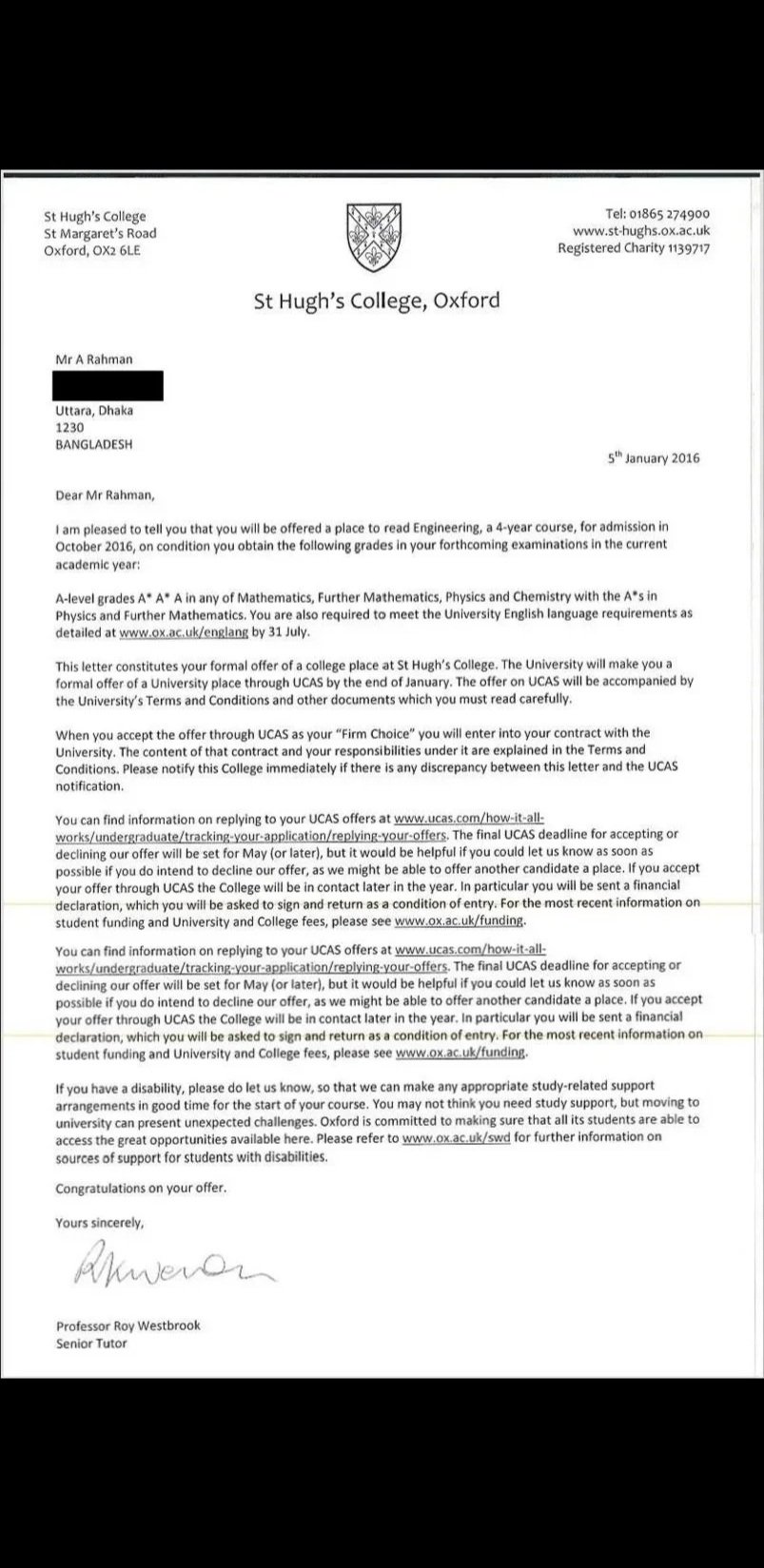 Elite Physics and Maths tutor Affnafee's offer letter from the University of Oxford. 