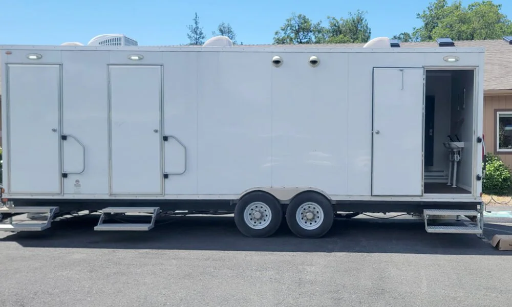 The new mobile shower trailer at the I.V. Family Coalition features six showers and laundry facilities. It is open Fridays, 10 a.m. to 3 p.m. (Photo courtesy of Laura Mancuso)