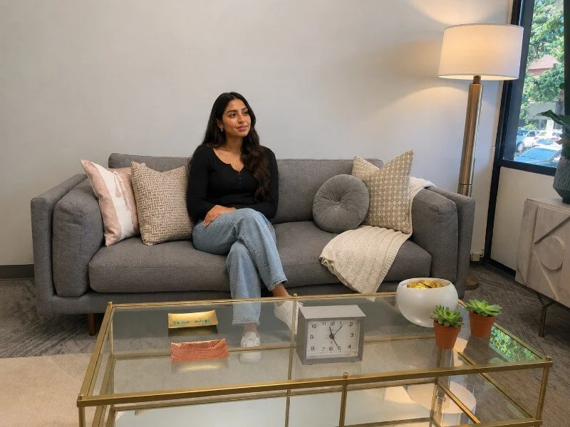 A woman with long dark hair sitting on a gray sofa in a modern living room. The sofa has multiple cushions and a beige throw blanket. There is a glass coffee table with decorative items, a white clock, and potted succulents. A tall standing lamp is beside a window with trees visible outside.