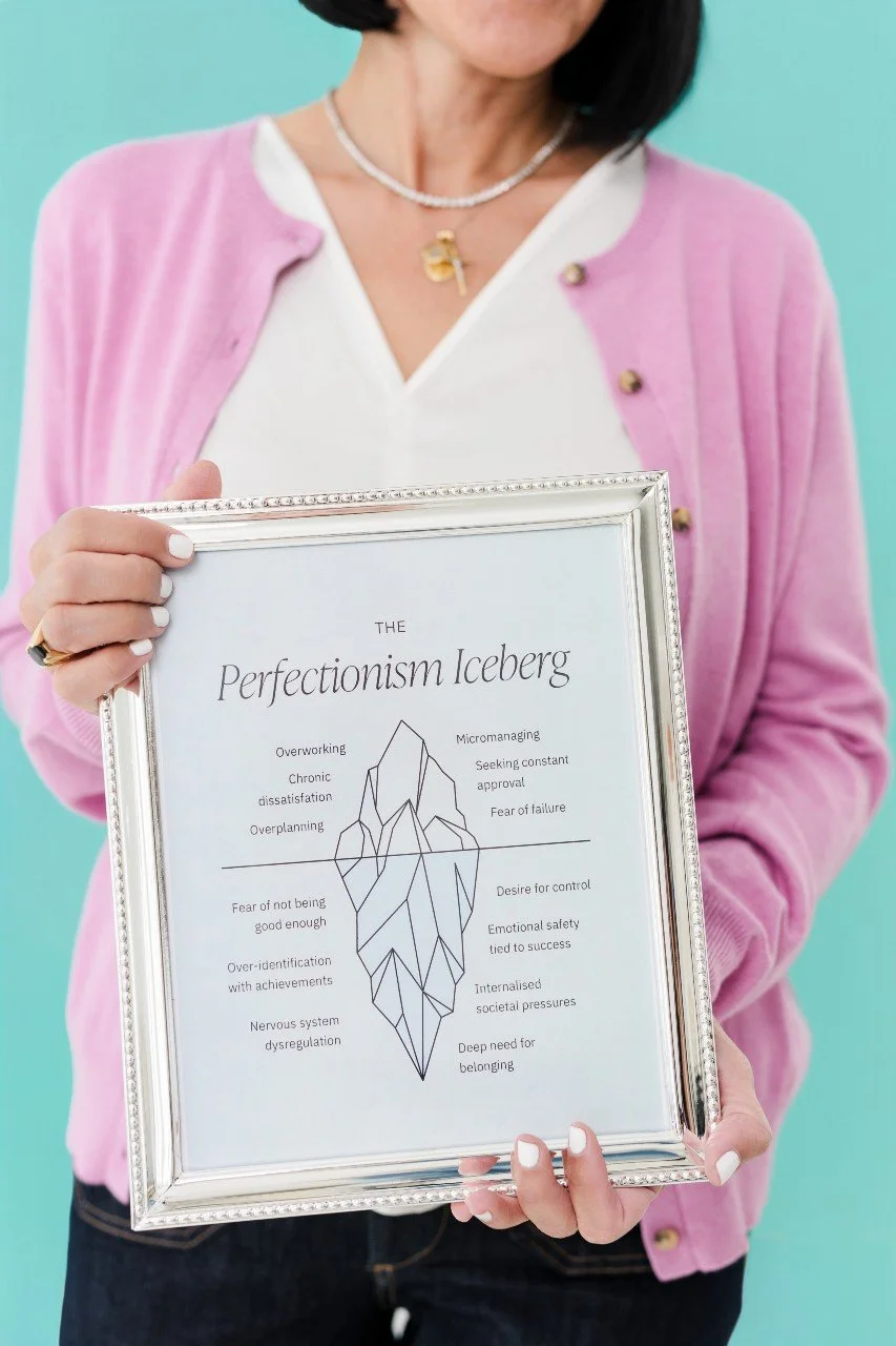 A woman holding a framed diagram titled 'The Perfectionism Iceberg,' illustrating aspects of perfectionism such as overworking, chronic dissatisfaction, fear of failure, desire for control, and emotional safety.