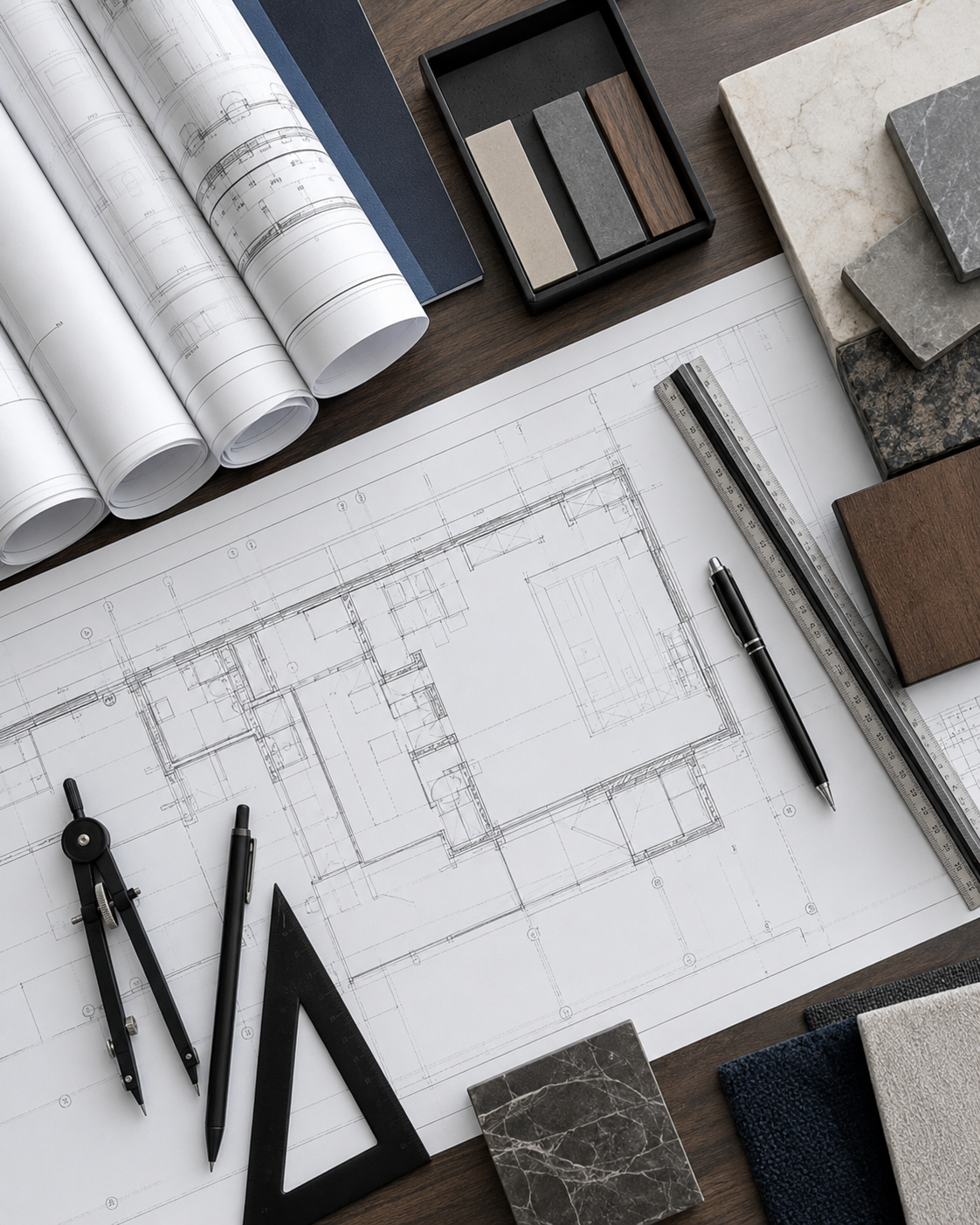 Architectural blueprint on a desk with drawing tools, sample materials, and design plans.