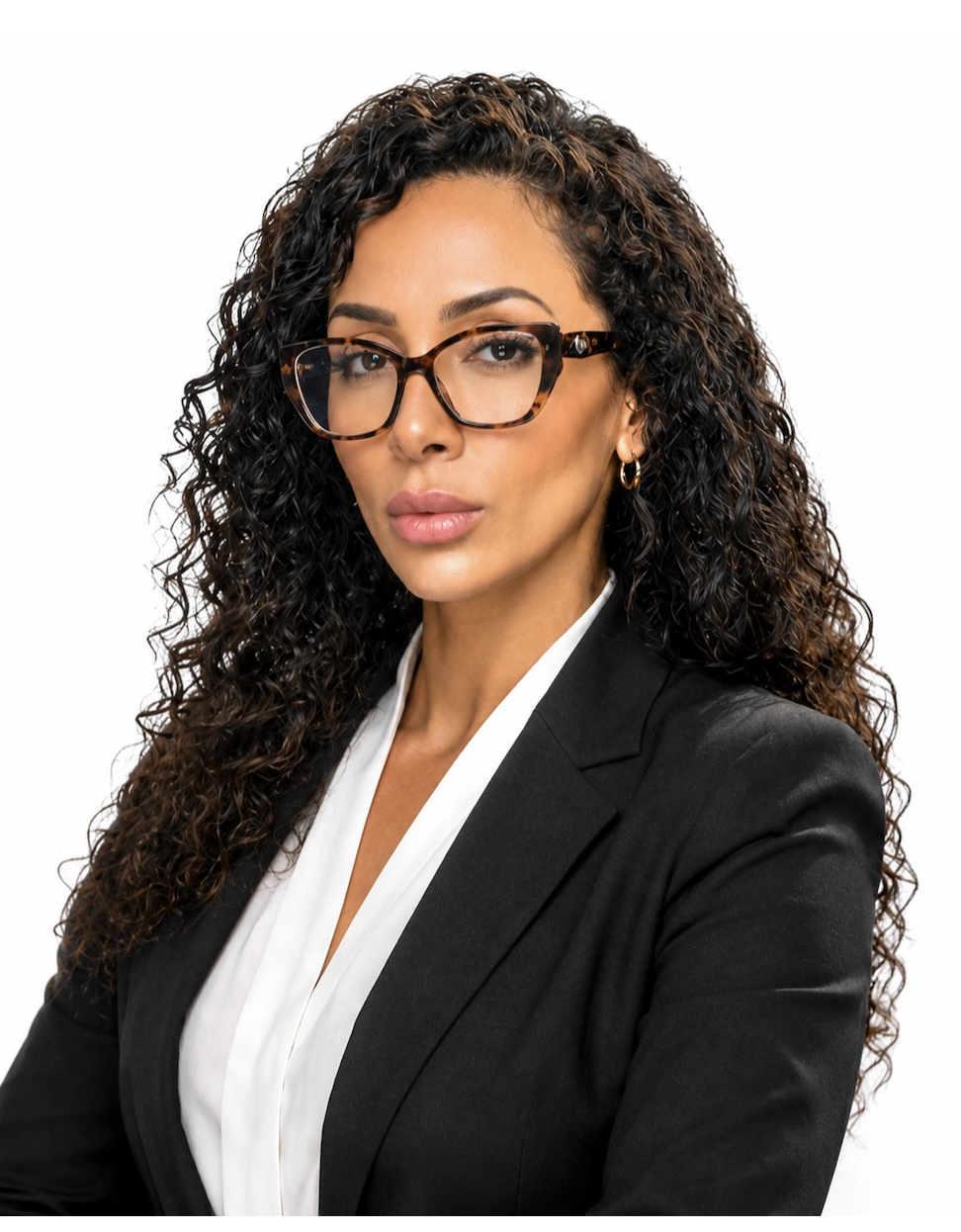 A woman with curly dark hair, wearing glasses, a black blazer, and a white shirt, posing with a confident expression against a plain white background.