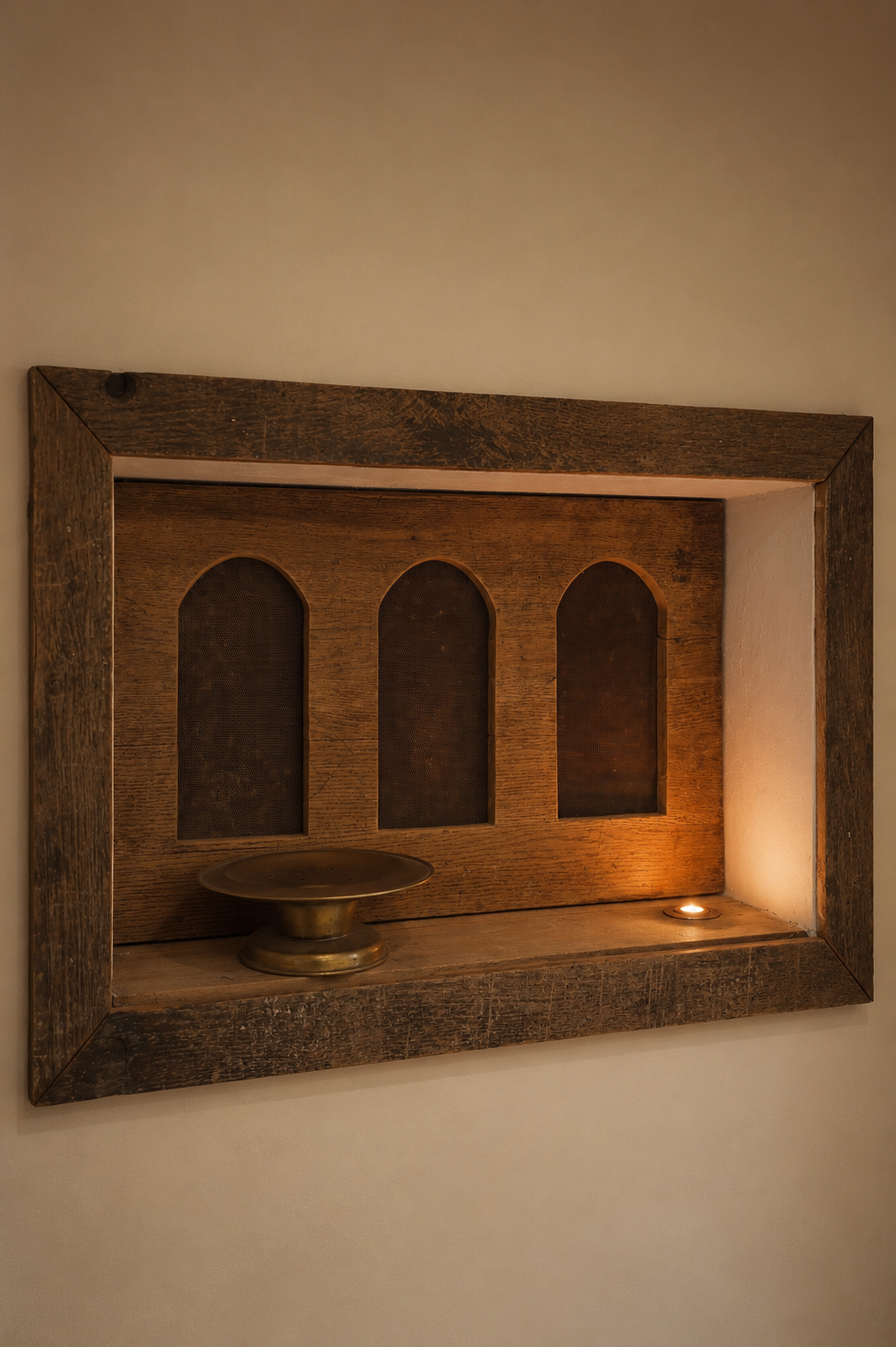 Wooden display shelf with three arched compartments, a brass bowl on a ledge, and a small candle in a holder, mounted on a wall.