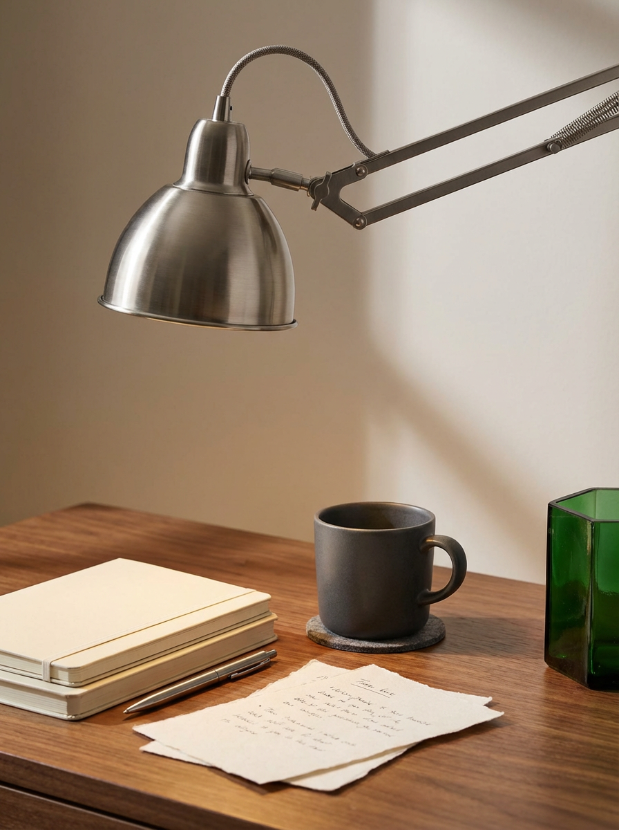 A wooden desk with a metallic desk lamp, a gray coffee mug on a coaster, a stack of notebooks with a pen, a torn piece of handwritten paper, and a green glass container.