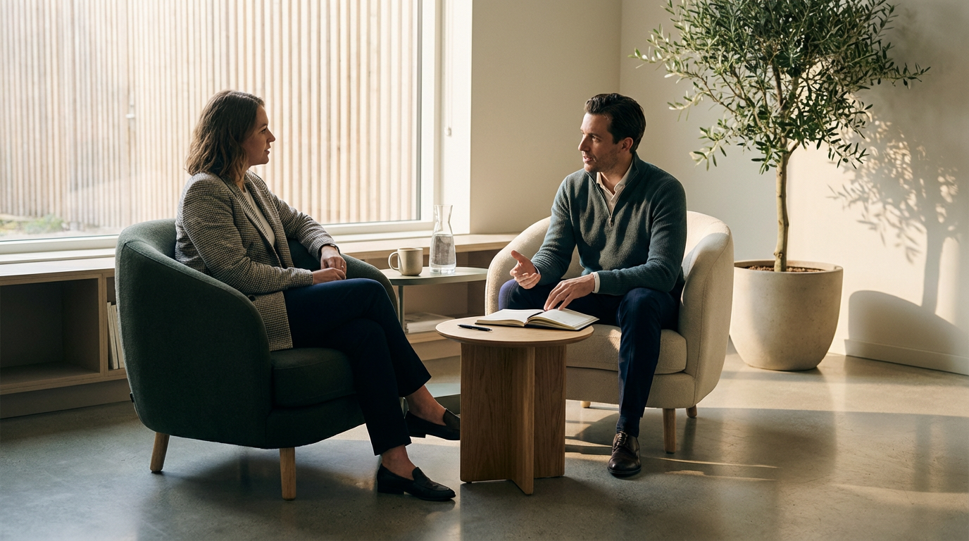 Two people, a woman and a man, are sitting and talking in a well-lit room with a large window, a potted plant, and a small round table with an open notebook in front of them.
