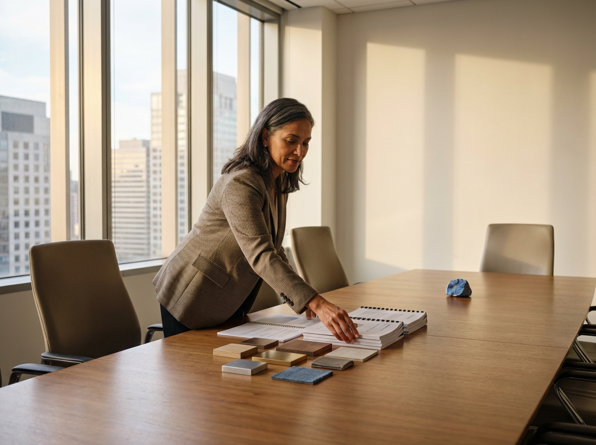 A woman in a business suit arranging color swatches and notebooks on a conference table in a modern office with large windows and city views.