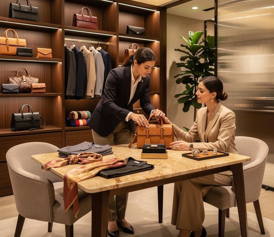 Two women shopping for handbags in a luxury boutique, with shelves of designer bags and clothing in the background.