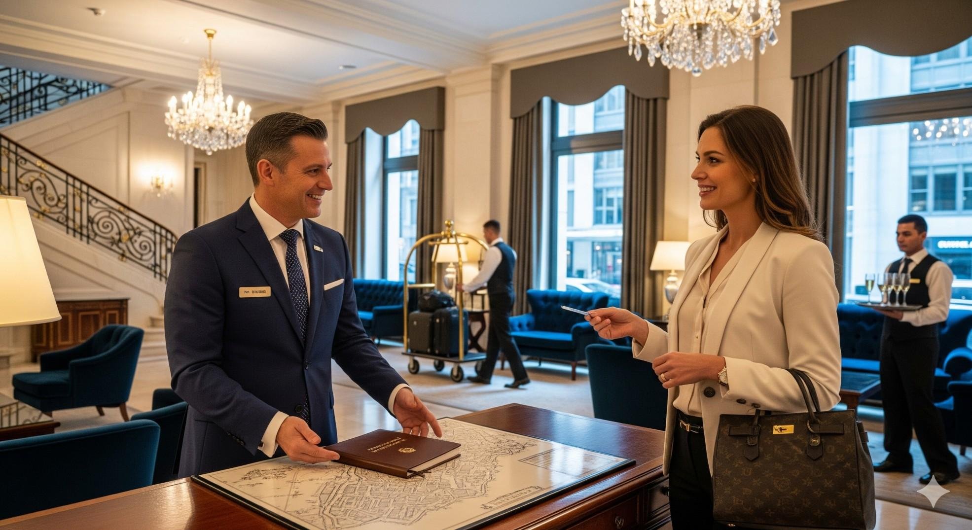 A man in a dark blue suit and a woman in a white blazer shake hands and exchange documents in a hotel lobby with chandeliers and large windows.