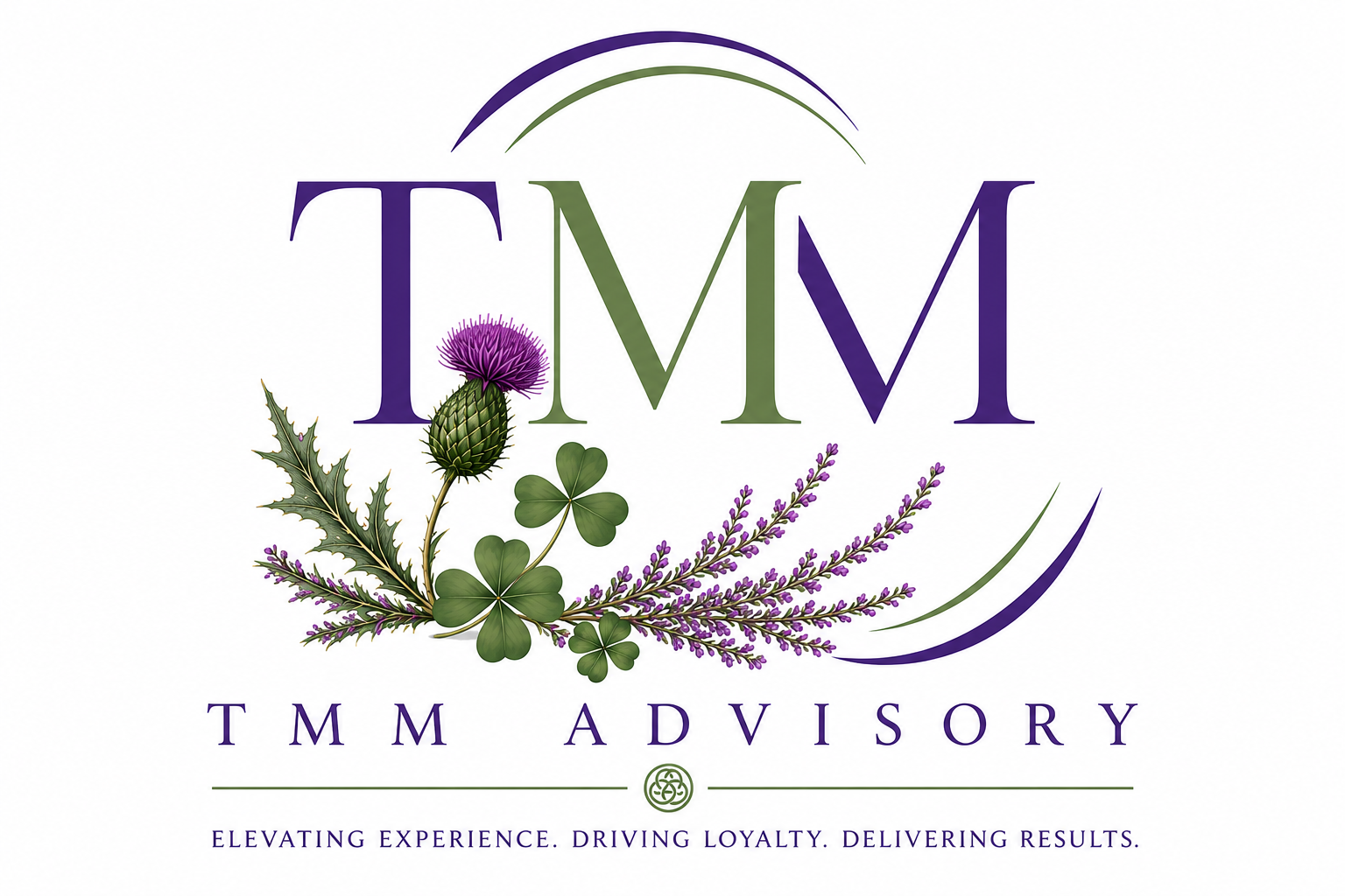 Elegant logo with the letters TMM and floral decorations including a purple thistle, shamrocks, and lavender, with the text "TMM Advisory" and the tagline "Elevating Experience. Driving Loyalty. Delivering Results."