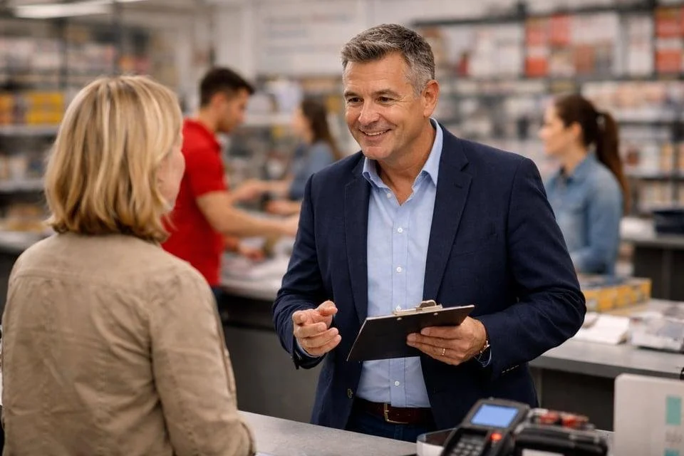 A middle-aged man in a blue suit and light blue shirt holding a clipboard and smiling while talking to a woman with blonde hair in a beige jacket at a store checkout counter.