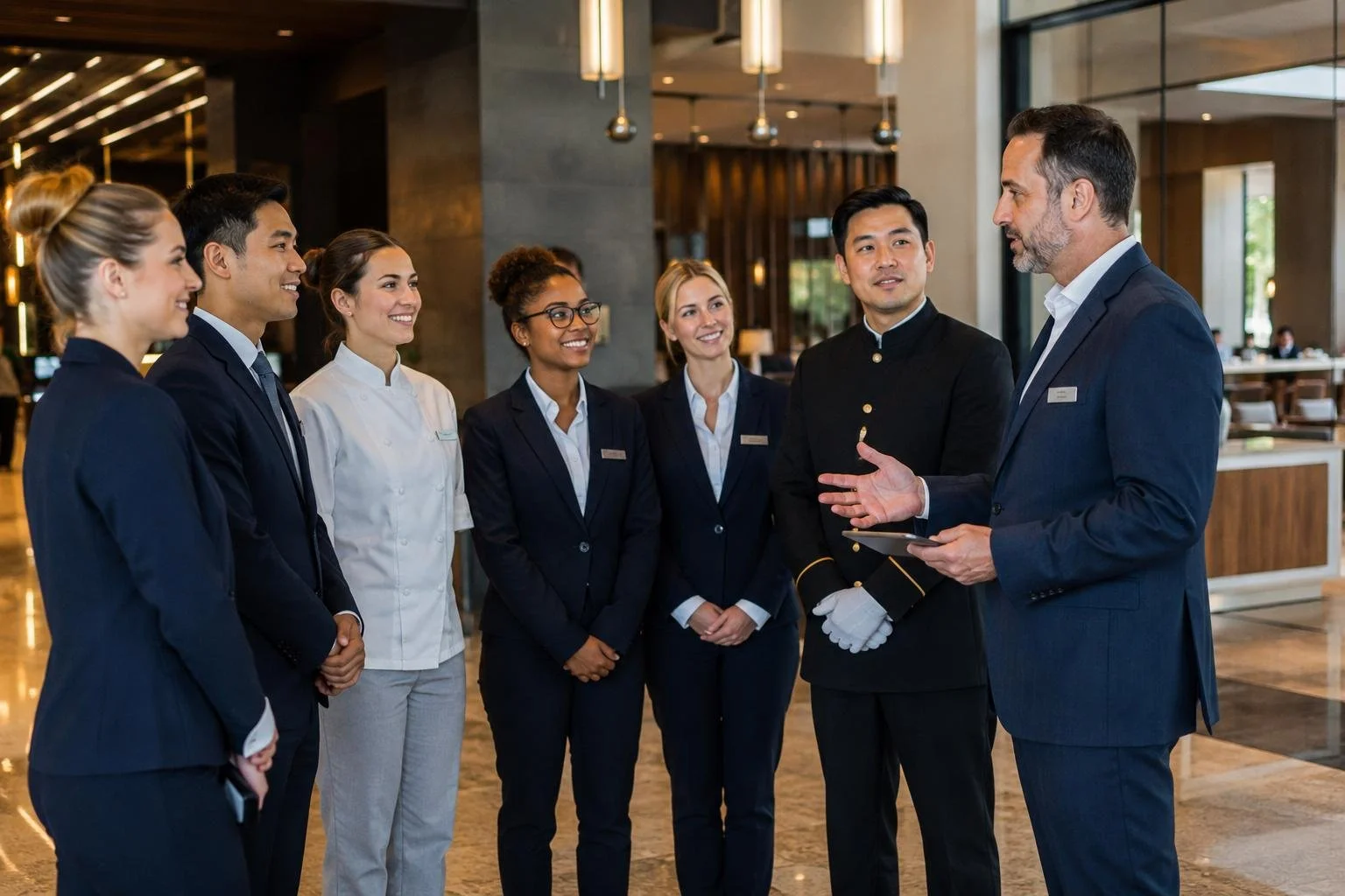 Hotel staff meeting with a guest in the hotel lobby