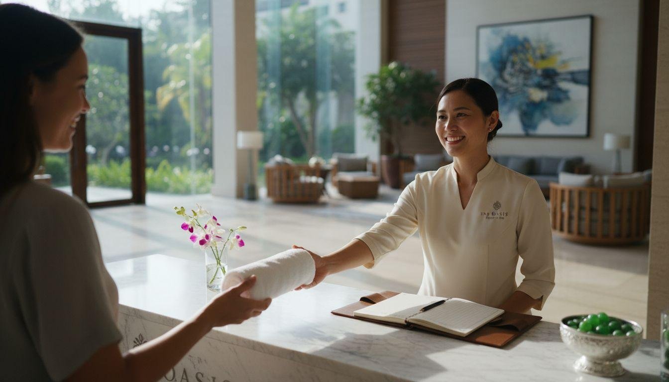 Hotel reception desk with a smiling staff member handing a towel to a guest near the reception counter. The background features large windows, a plant, and modern decor.