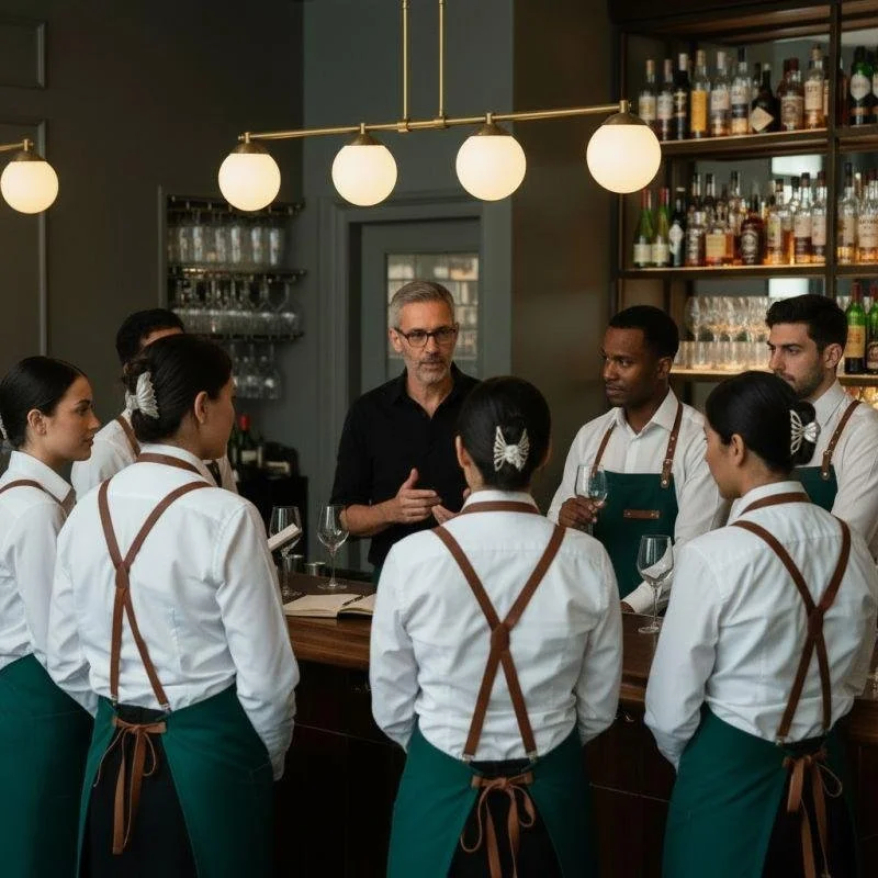 A wine bartender giving a lesson to staff in a bar, with six bartenders listening attentively, holding wine glasses, in a bar setting with shelves of liquor bottles in the background.