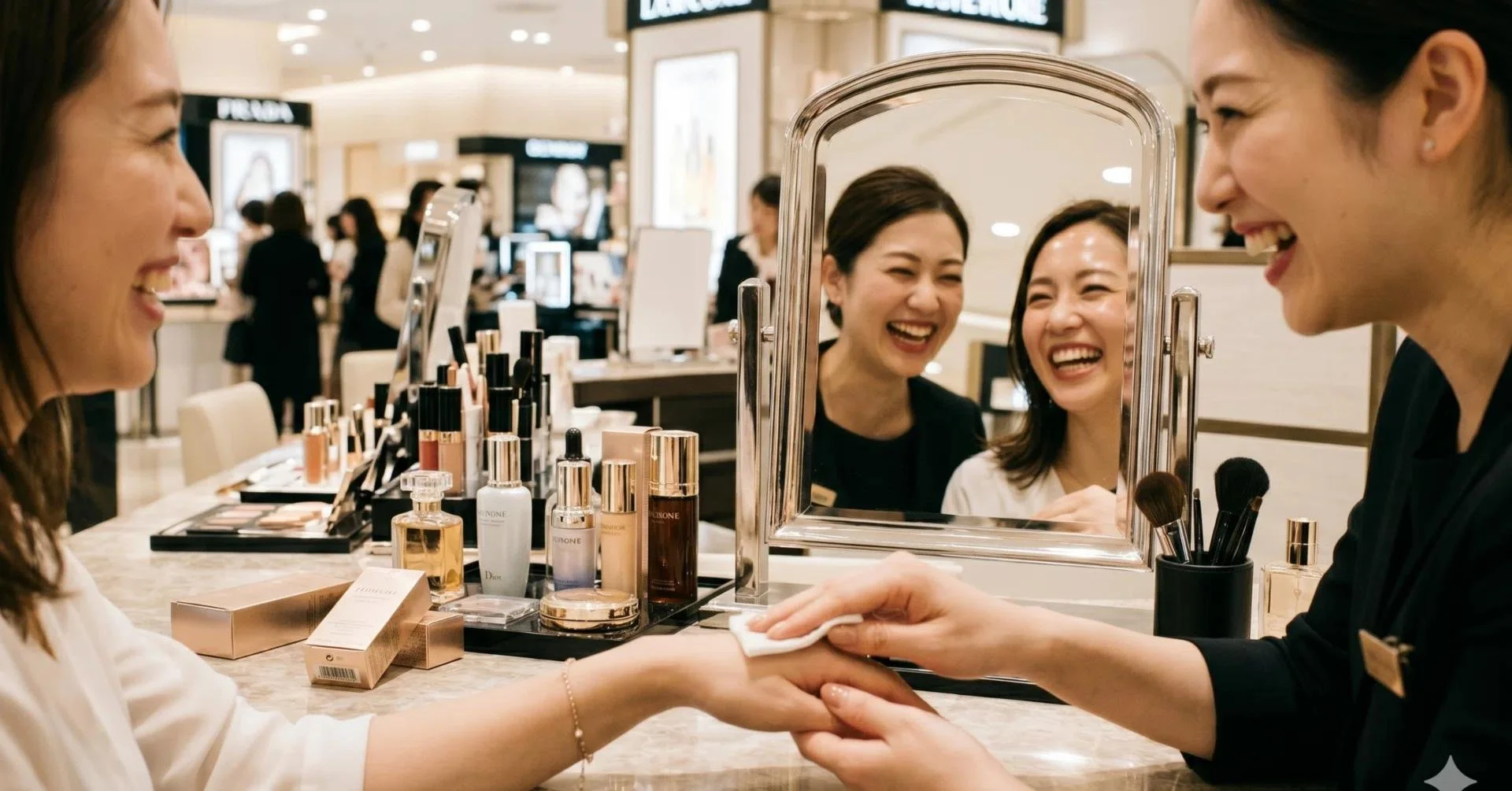 Two women, smiling and shaking hands, are at a makeup counter in a department store. One woman is a customer, and the other is a sales associate. The makeup counter has various skincare and cosmetic products, and a mirror reflects their happy faces.