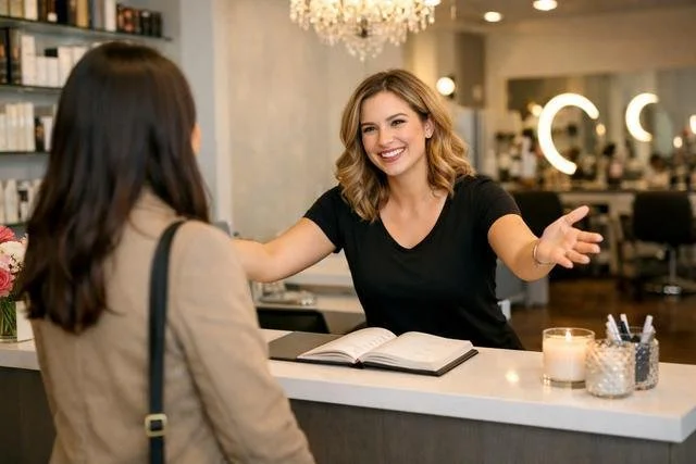 A smiling woman at a reception desk welcoming a guest in a salon or spa. The woman has shoulder-length blonde hair and is wearing a black shirt. The guest has brown hair and is carrying a beige bag. The background shows salon chairs, a chandelier, an