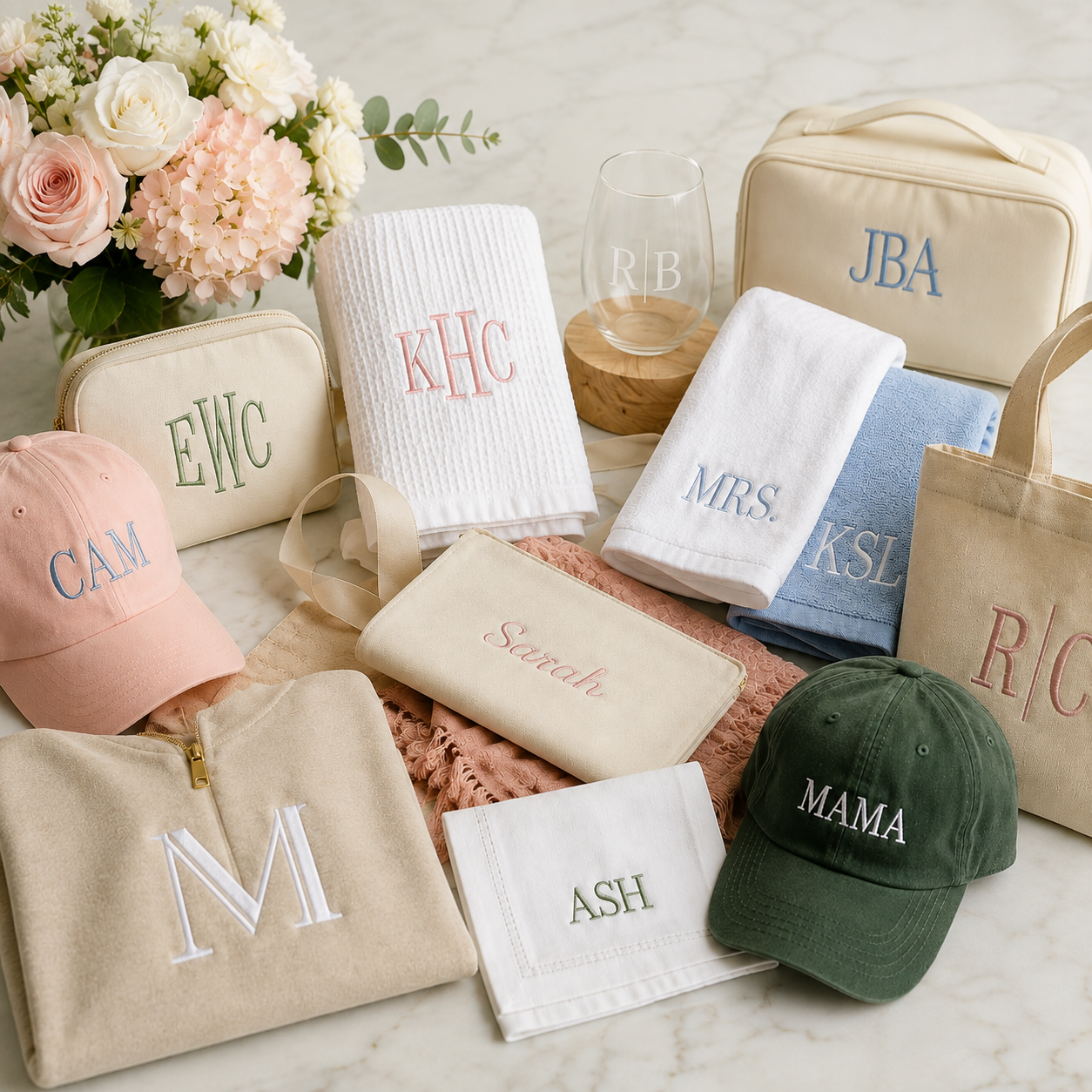 Personalized monogrammed accessories including pouches, towels, and hats in pastel colors with names and initials, arranged on a marble surface with a flower bouquet in the background.