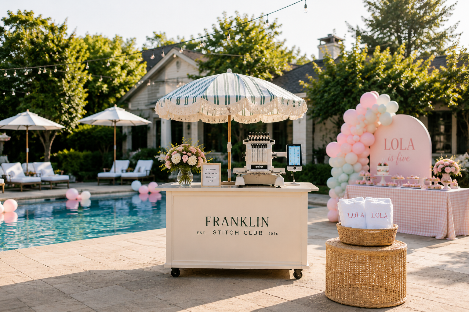 Decorated outdoor poolside birthday party setup with a white crochet-covered cake machine, pink and white balloon arch, pink table with cupcakes, and a pink backdrop with the name "Lola" and the age five, surrounded by pink and white balloons and white towels on a wicker basket.
