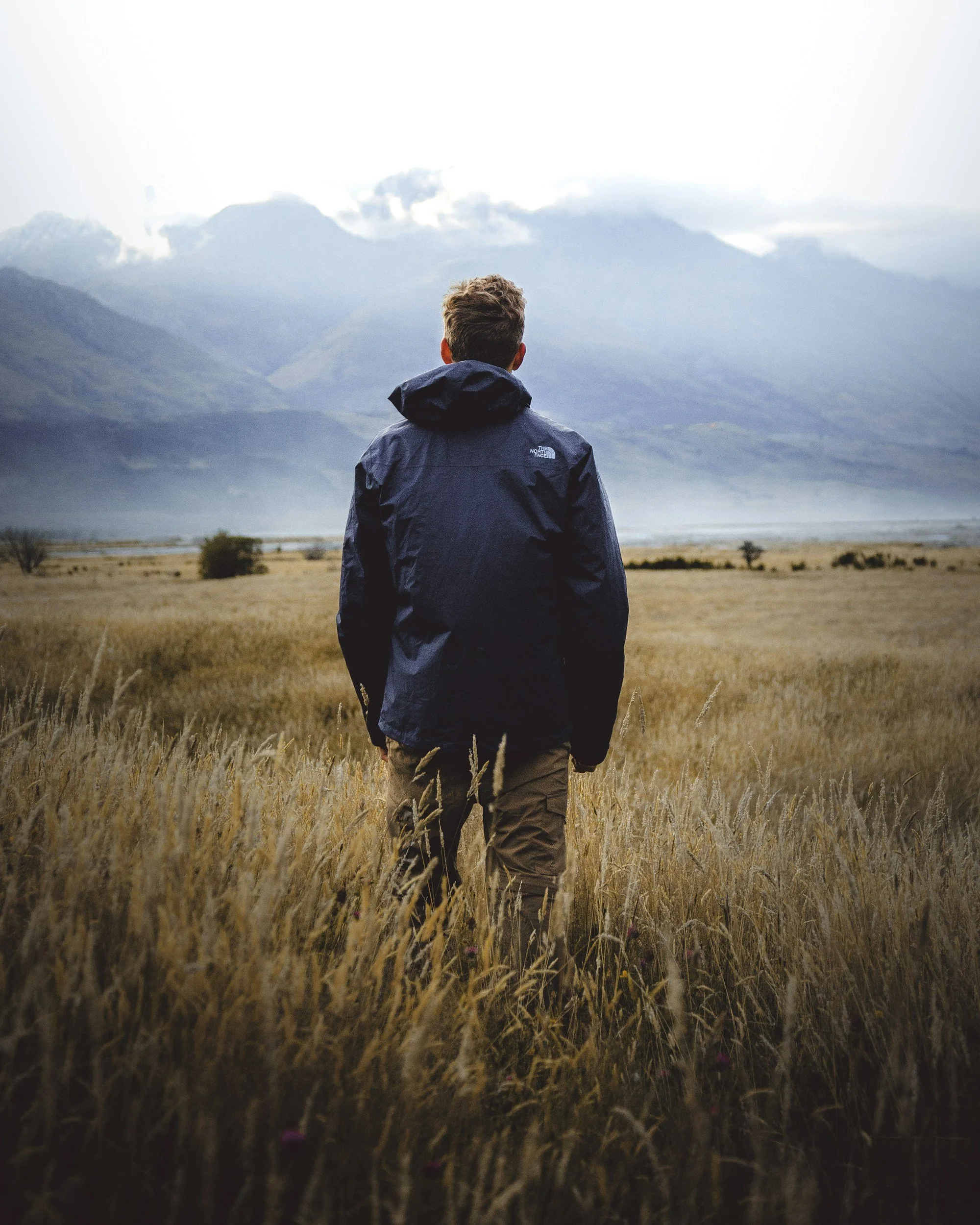 A person with short hair and a dark jacket stands in a field of tall, golden grass, looking toward distant mountains partially obscured by clouds.