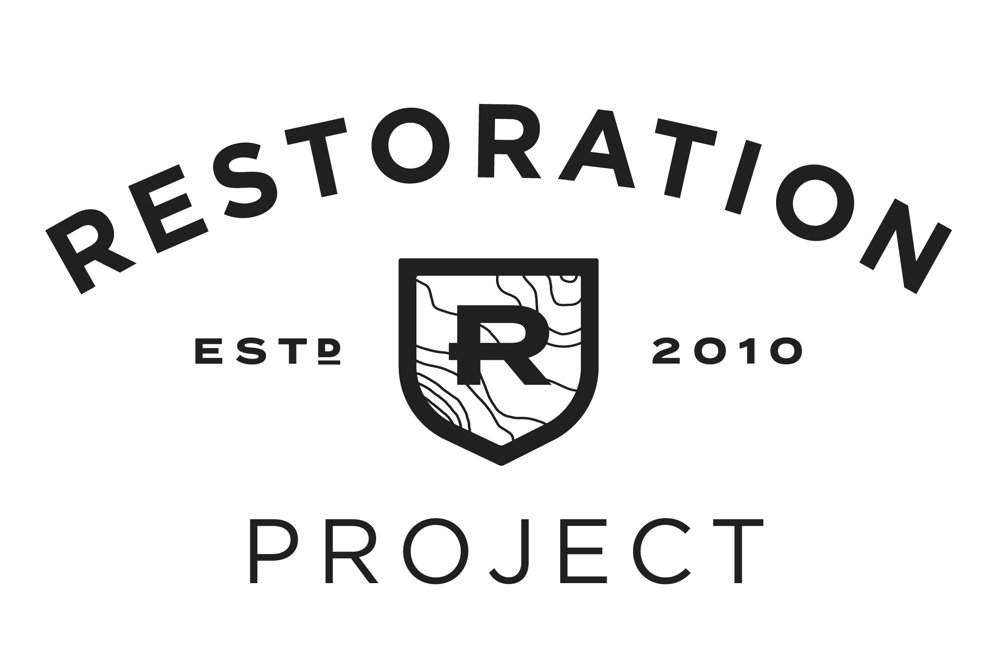 Logo for Restaurant B Project, established 2010, featuring a shield with a mountain and water design.