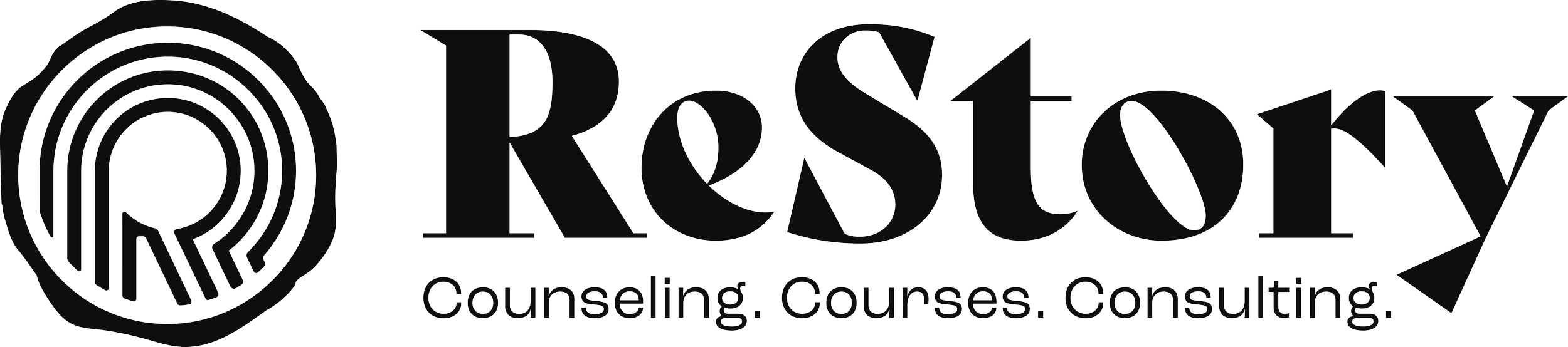 Logo for Restory, a counseling, courses, and consulting organization, featuring a fingerprint design surrounding the letter R.
