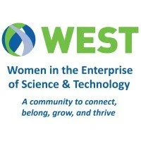Logo for WEST, Women in the Enterprise of Science & Technology, featuring a stylized globe with blue and green colors and the organization's name and tagline.