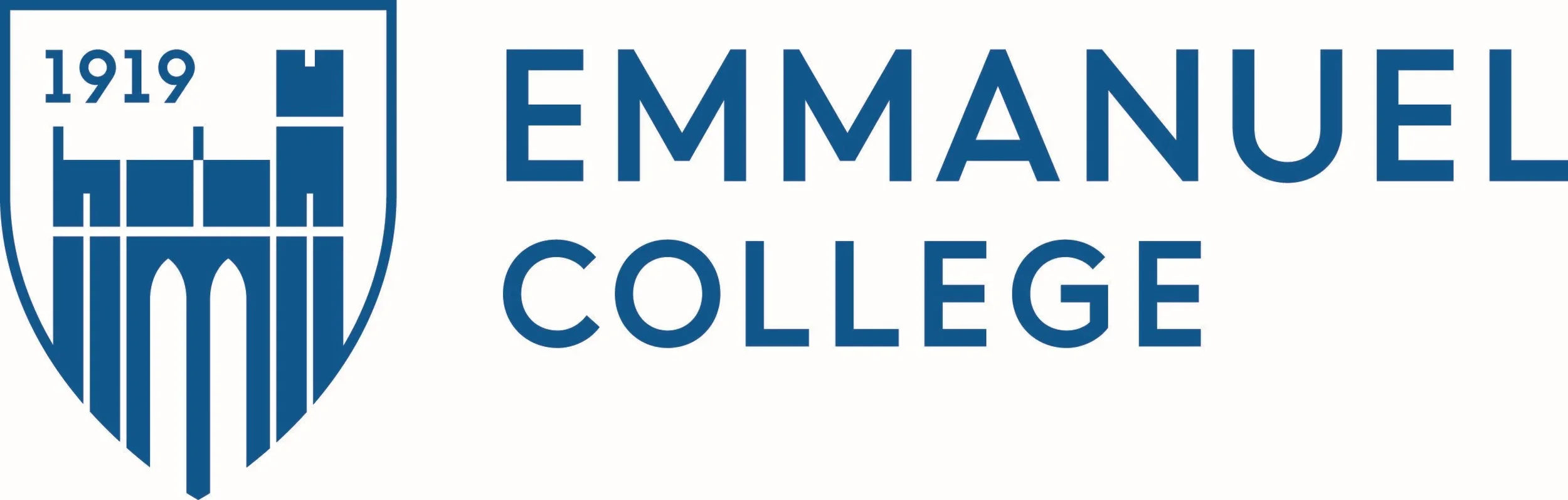 The logo of Emmanuel College featuring a shield with geometric design elements and the name 'Emmanuel College' in blue text.