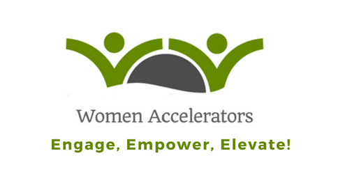 Logo for Women Accelerators with three stylized figures in green and one in dark gray, and the slogan 'Engage, Empower, Elevate!'