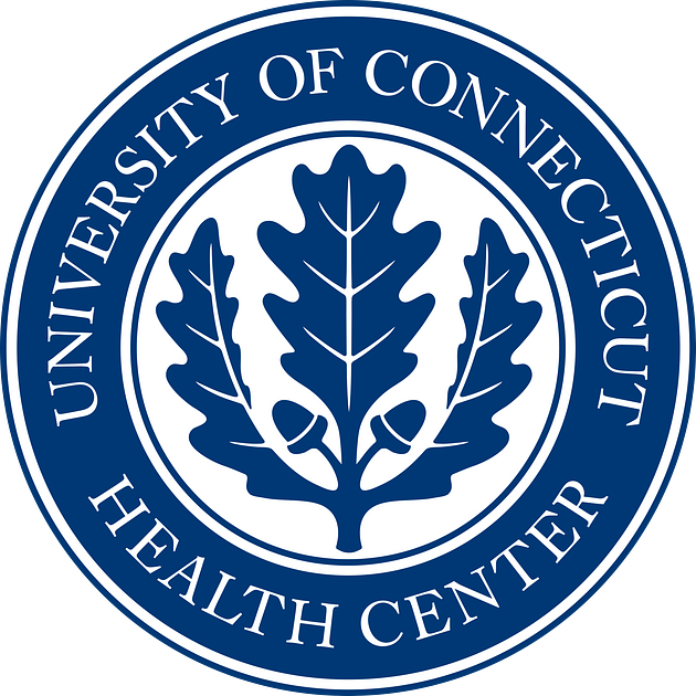 Seal of the University of Connecticut Health Center with a blue oak leaf in the center and the text 'University of Connecticut Health Center' around it.