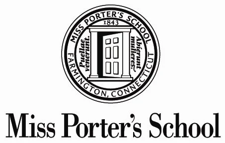 Miss Porter's School logo with a circular seal featuring a door and the school name, located in Farmington, Connecticut.