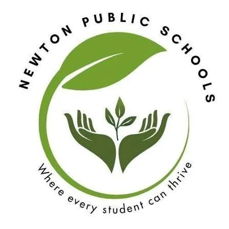 Logo for Newton Public Schools featuring a green leaf, hands holding a small plant, and the motto 'Where every student can thrive'.