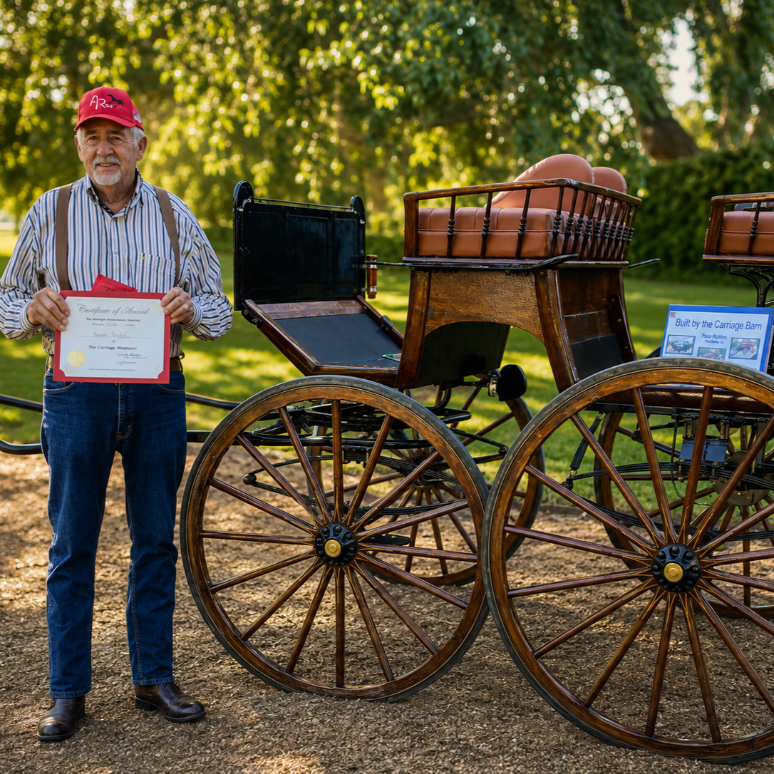 An elderly man holding a certificate standing next to a vintage horse-drawn carriage in a park with green trees in the background.