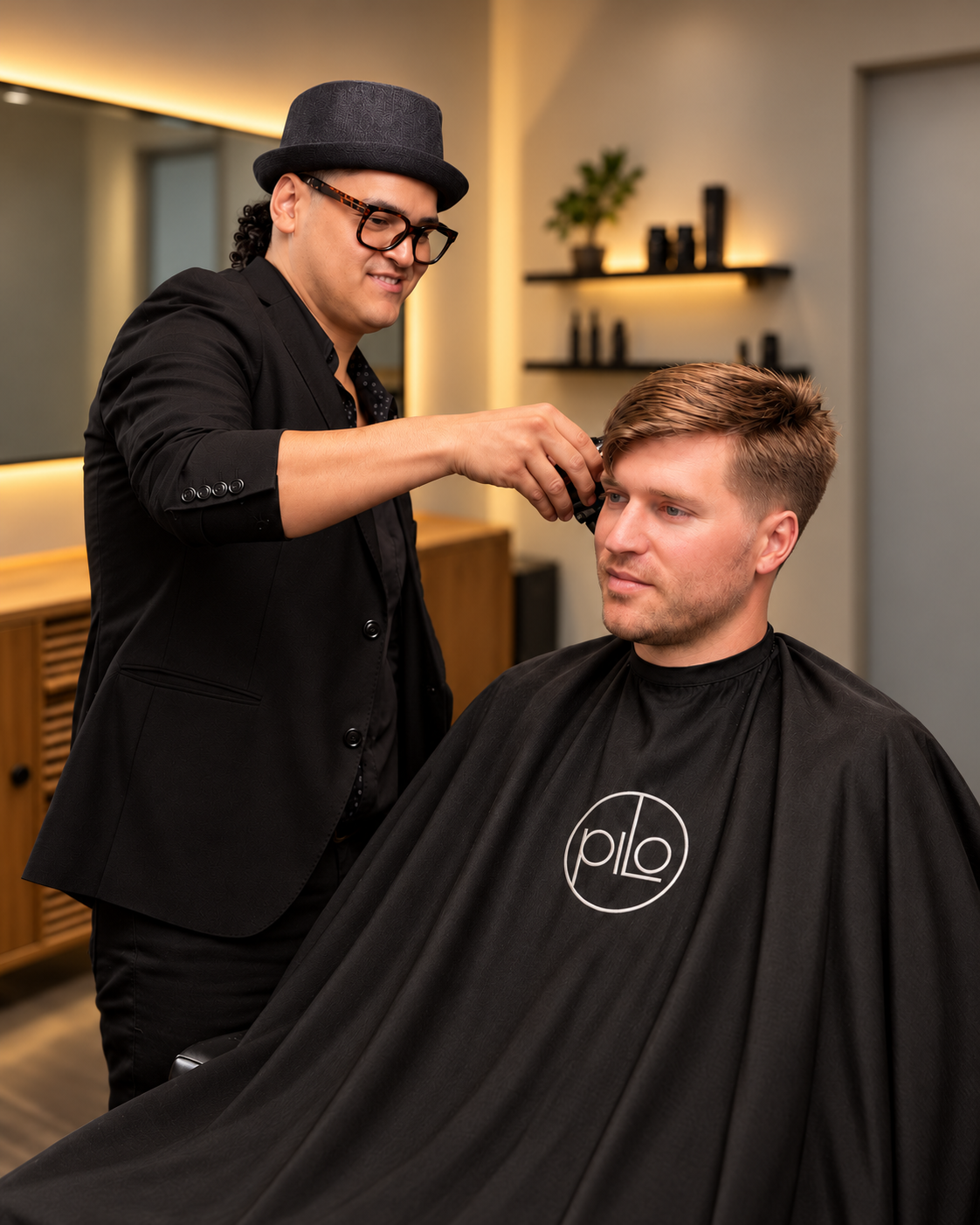 Pilo cutting a client’s hair at Pilo Salón.