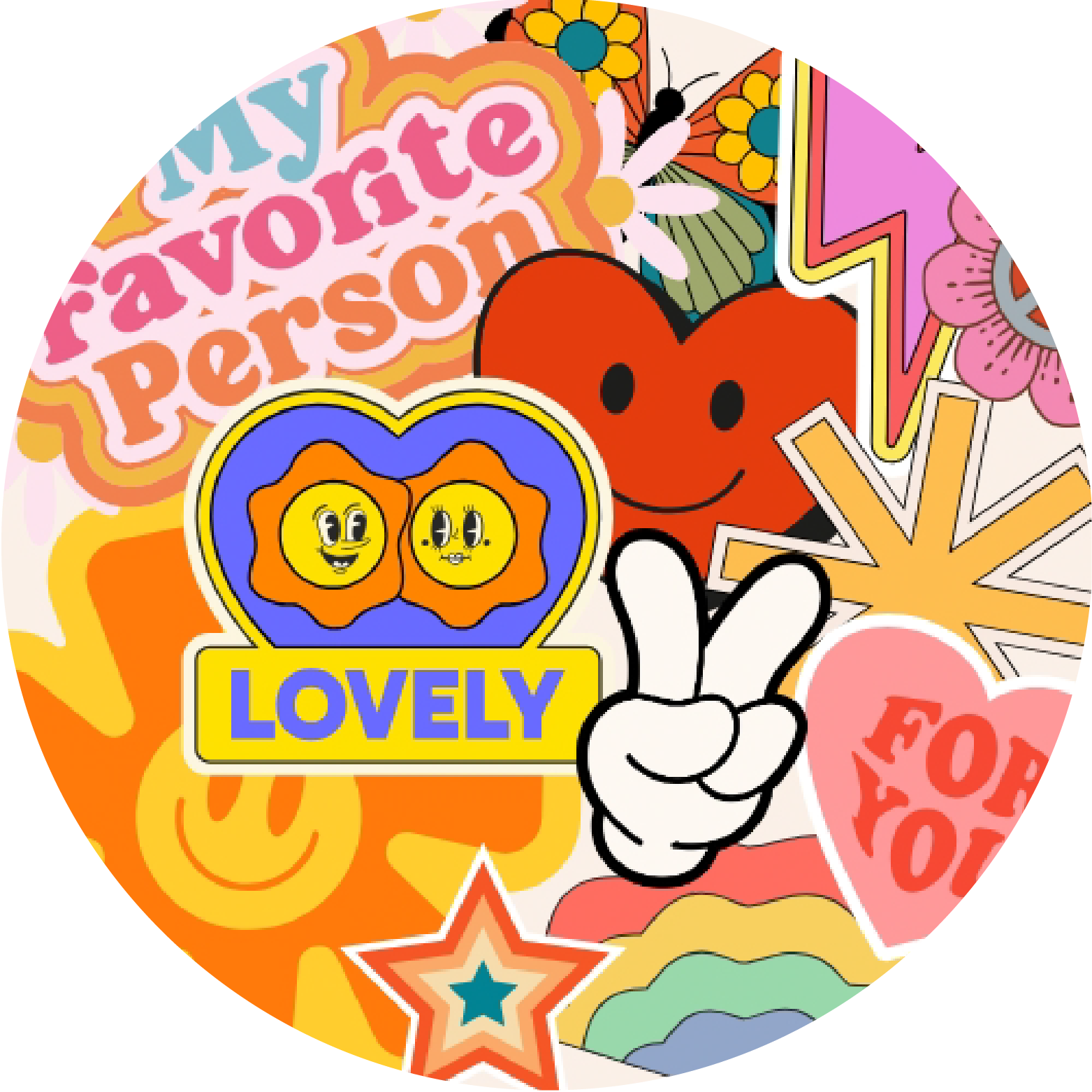 Colorful sticker collage with words like 'My Favorite Person,' 'Lovely,' and 'For You,' featuring various decorative elements including stars, hearts, flowers, and cartoon faces.