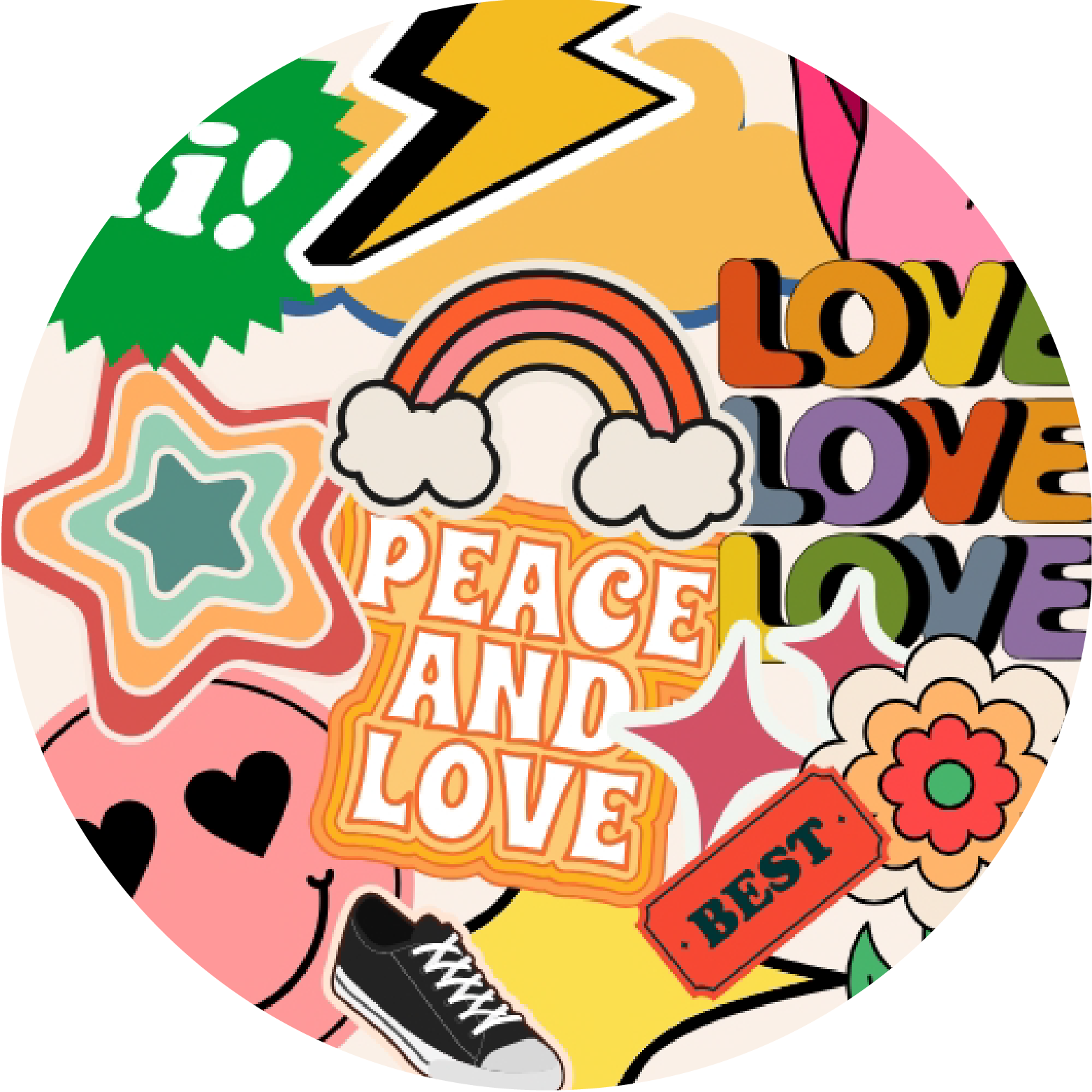 Colorful illustration with peace and love symbols, a rainbow, a star, a smiling face, a sneaker, and words like 'PEACE,' 'LOVE,' and 'RESIST'.