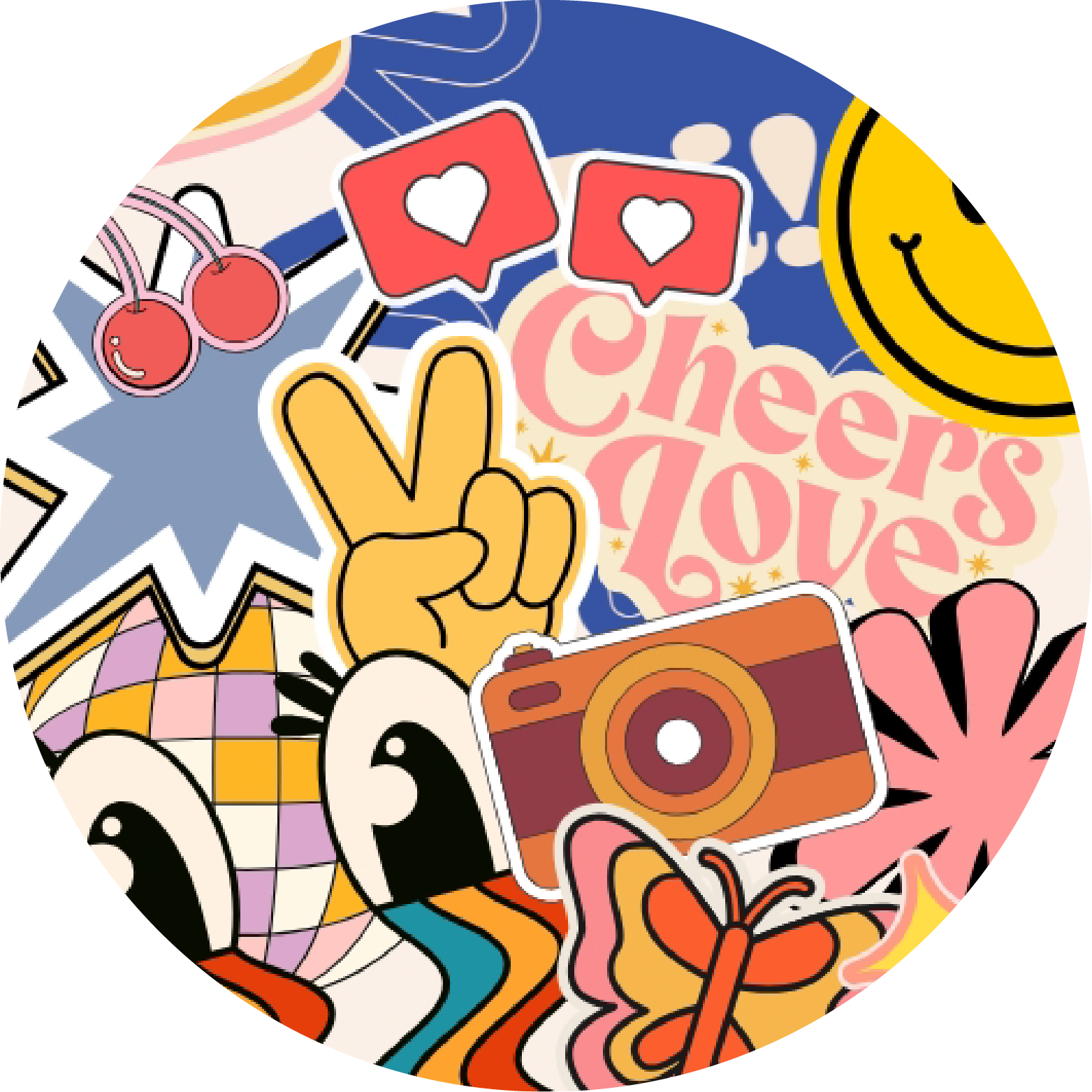 A colorful collage featuring a peace sign, cherries, a camera, hearts, a moon, a smiling face, and various abstract and floral designs.