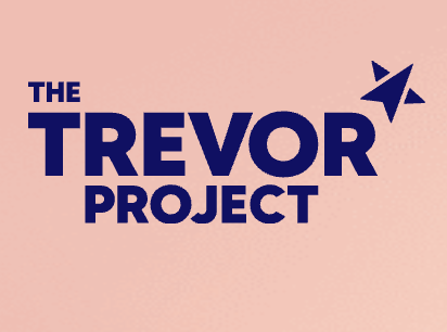 Logo for The Trevor Project with pink background and dark blue text and star graphic.