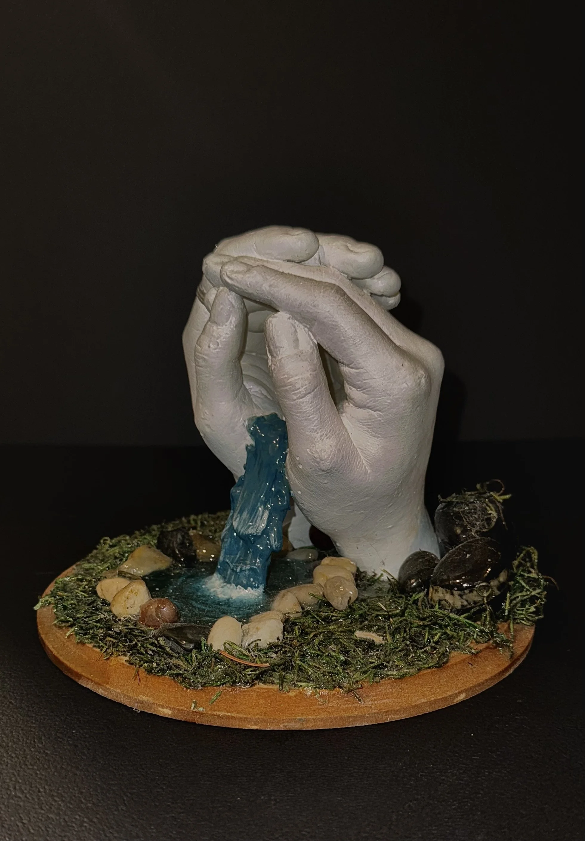 "Flow" - Plaster, resin, preserved moss, collected beach rocks and hot glue (2024)