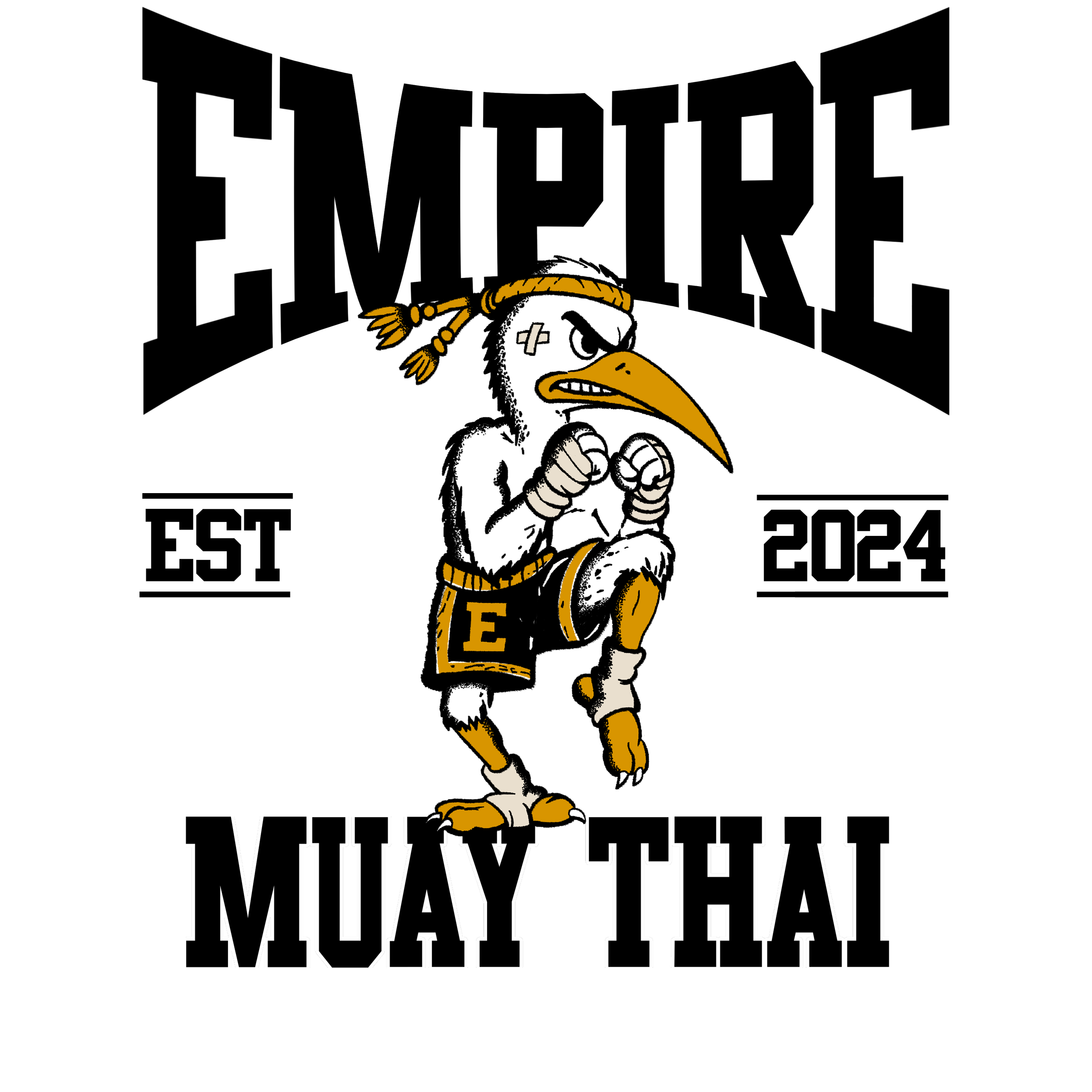 Black and white graphic design with a cartoon fierce-looking duck mascot wearing boxing gloves and a bandana, standing in front of bold text and logos, including 'Empire,' 'East,' '2024,' and other partially visible words.
