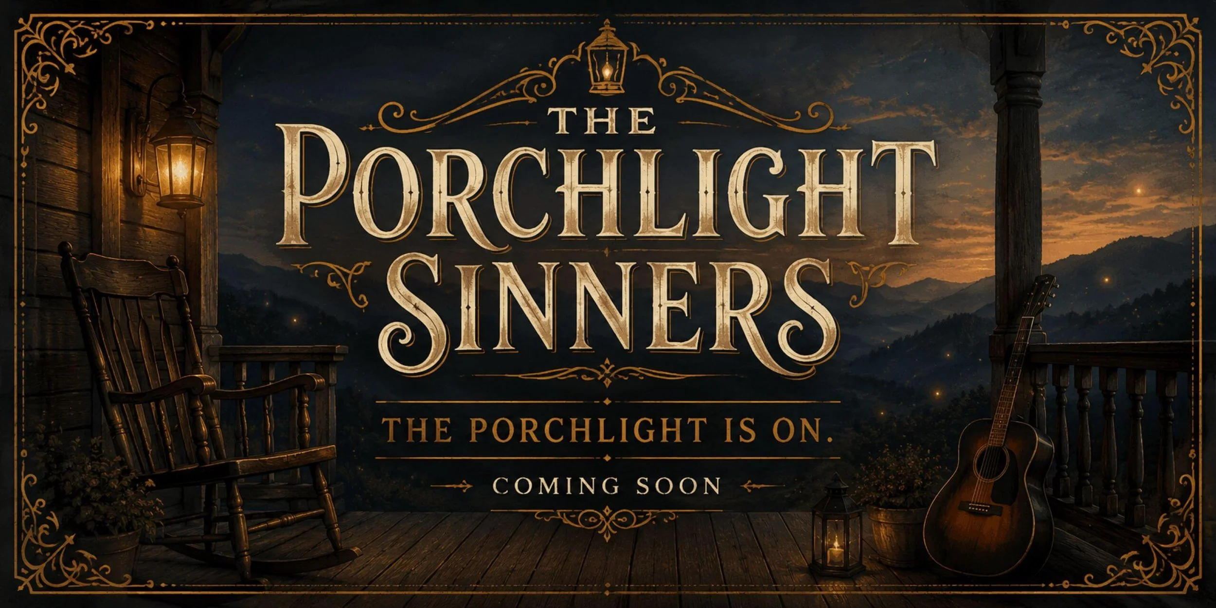 Banner illustration for The Porchlight Sinners featuring a lantern-lit front porch at twilight overlooking the Blue Ridge Mountains, with a rocking chair, acoustic guitar, and the text "The Porchlight Sinners" and "The Porchlight Is On."